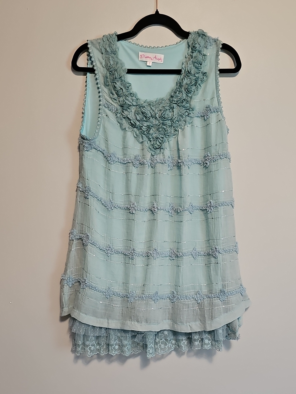 Pretty Angel Mint Blue Sleeveless Tiered Lace Trim Sleeveless Tunic